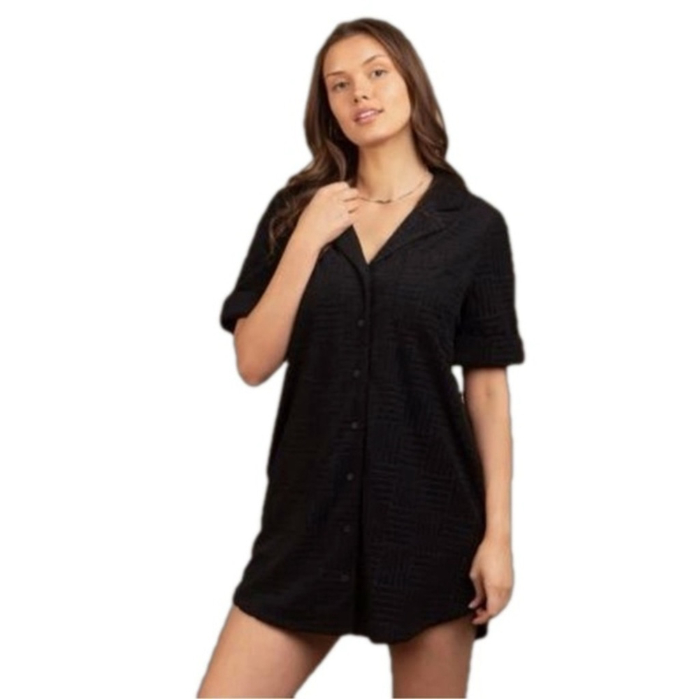 Very J Women's Black Button-Up Short Sleeve Collar Dress Size Medium
